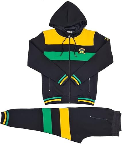 Time Is Money Jamaica National Tracksuit Set, Black with Yellow and Green Stripes, Hooded Zip-Up Jacket and Joggers