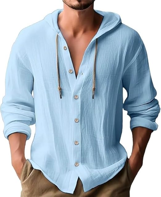 Mens Long Sleeve Hooded Shirts Linen Casual Buttons Down Adjustable Breathable Summer Shirts