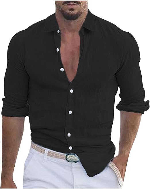 Men's Linen Tops Clearance Solid Button Down Long Sleeve Business Formal Dress Shirts Turn Down Blouses Summer Casual Loose Fit Tops Office Work Beach Shirts Comfortable Cotton Linen Top