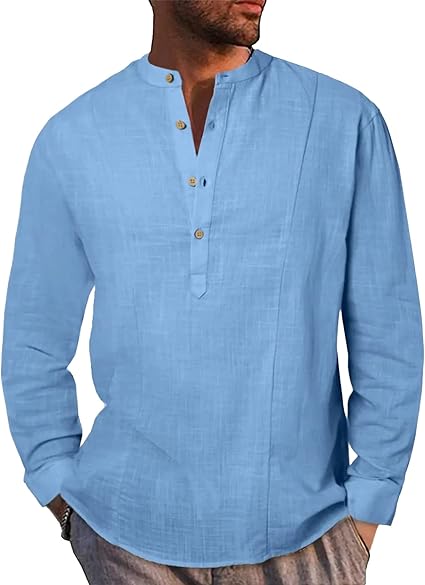 Mens Linen Shirts Long Sleeve Casual Button Down Henley Shirts Summer Loose Fit Shirt Tops
