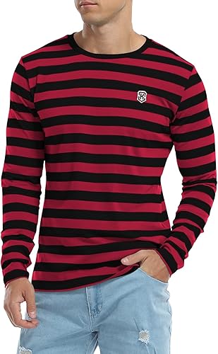 Mens Long Sleeve Striped T Shirt Cotton Classic Crew Neck Young Fashion Tops