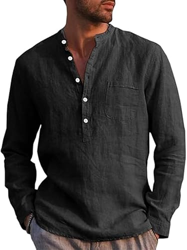 Men's Linen Shirt Long Sleeve Cotton Linen Shirt Men's Casual Shirt Regular Fit Beach Summer Shirt