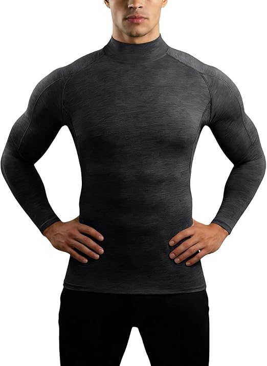Mock Turtleneck Compression Shirt for Men, Long Sleeve Raglan Muscle Style, Stretch Fabric Tops Ideal As Athletic Base Layer