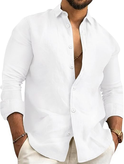 Mens Cotton Linen Shirts Casual Long Sleeve Regular Fit Summer Button Down Shirt Lightweight Solid Beach Holiday Tops for Men Adult