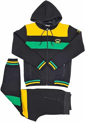Time Is Money Jamaica National Tracksuit Set, Black with Yellow and Green Stripes, Hooded Zip-Up Jacket and Joggers