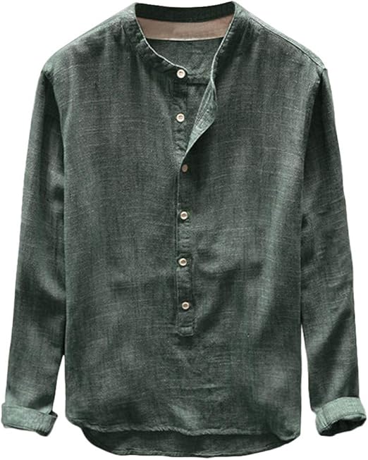 Men's Linen Shirts UK Clearance Solid Button Down Long Sleeve Office Business Work Shirts Henley Neck Blouses Hawaiian Beach Pullover Tops Spring Summer Shirts Casual Loose Fashion Shirt