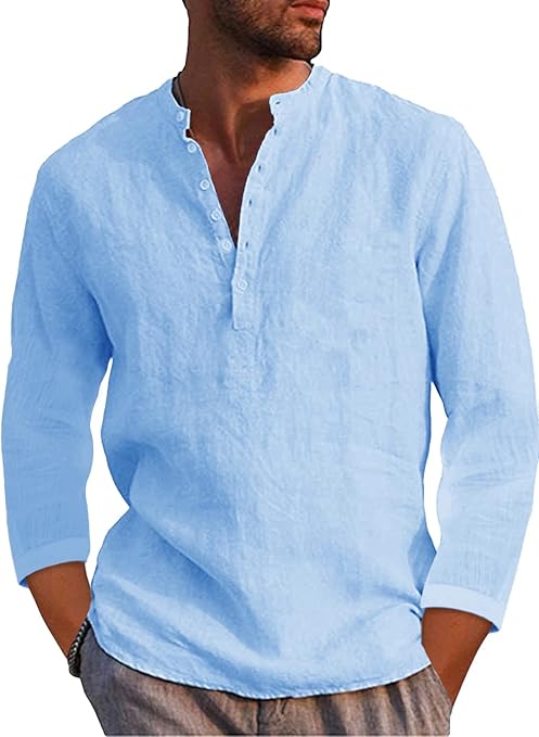 Mens Linen Henley Shirts Long Sleeve Casual Henleys Shirt