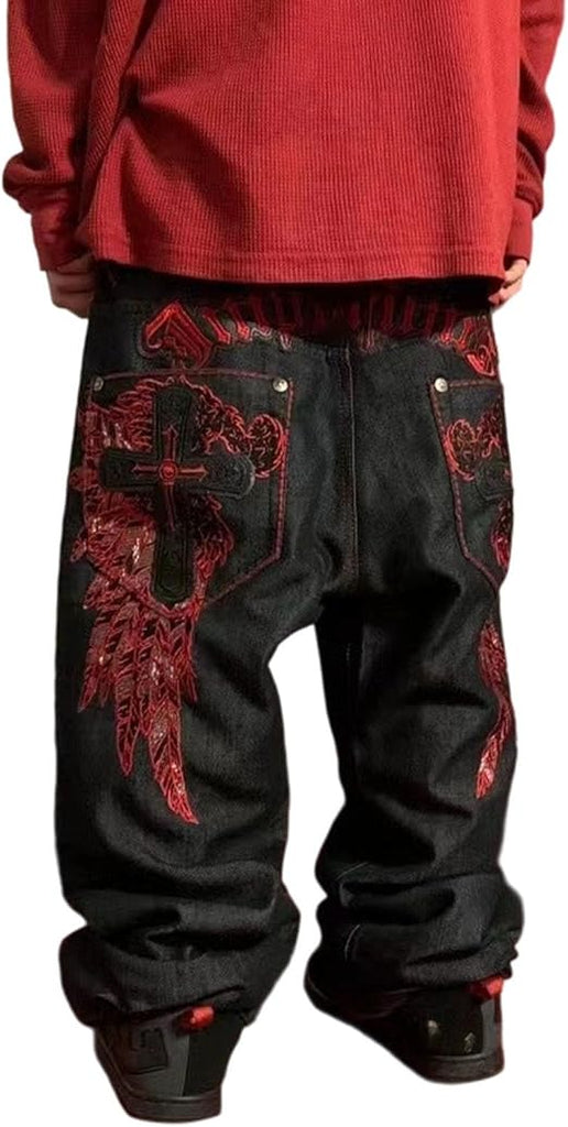 Jeans Men's Hip Hop Retro Skull Embroidery Jeans Baggy Denim Trousers Casual Loose Wide Leg Trousers Skateboard Denim Trousers Street Dance Men's Jeans Streetwear