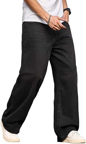 Mens Baggy Hip Hop Jeans Wide Leg Skater Jeans Casual Loose Fit Denim Pants Streetwear