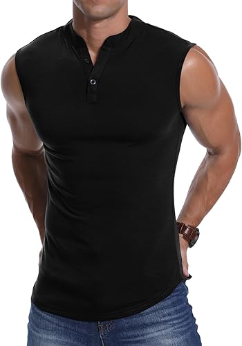 Men's Sleeveless Henley Vest Sports Top Fitness Slim Running T-Shirt