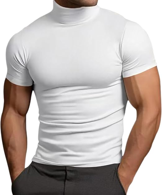 Mens Basic Mock Turtleneck Short Sleeve Solid Casual T-Shirt Pullover Tops Slim Fit Undershirt High Neck T-Shirt Tee