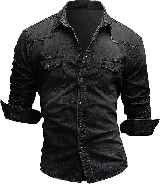 Men's Denim Shirt Long Sleeve Washed Denim Button Down Slim Shirt Jacket Lapel Denim Vintage Shirt