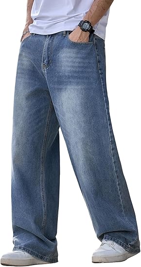 Mens Baggy Hip Hop Jeans Streetwear Wide Leg Skater Jeans Casual Loose Fit Denim Pants