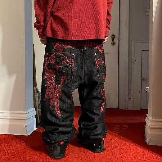 Jeans Men's Hip Hop Retro Skull Embroidery Jeans Baggy Denim Trousers Casual Loose Wide Leg Trousers Skateboard Denim Trousers Street Dance Men's Jeans Streetwear