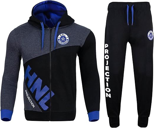 Mens Tracksuit Fashion Full HNL Print Contrast Panelled Fleece Zipped Hooded Top Jogging Gym Bottoms