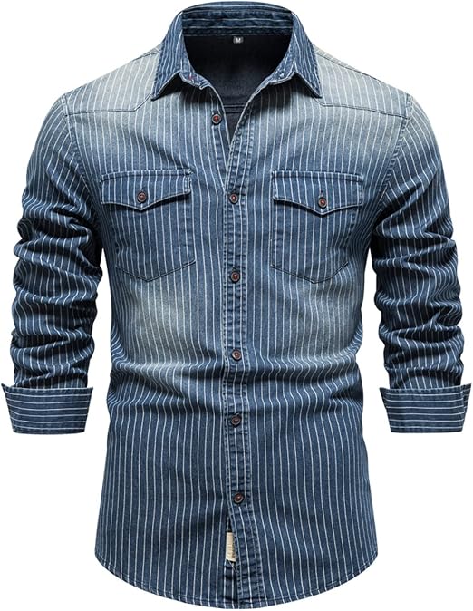 Men's Denim Shirts Plain Double Pockets Slim Fit Casual Long Sleeve Cowboy Shirts for Men Western