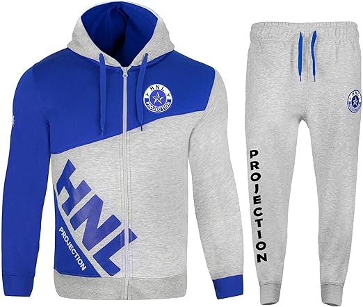 Mens Tracksuit Fashion Full HNL Print Contrast Panelled Fleece Zipped Hooded Top Jogging Gym Bottoms