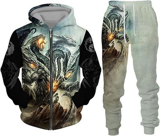 Men's Tracksuit Two Piece Set Viking Dragon 3D Printed Hoodie and Joggers Set Fashion Zip Up Sportswear Set