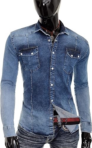 Men's Denim Casual Short Sleeve Smart Grandad Collar Cotton Shirt,