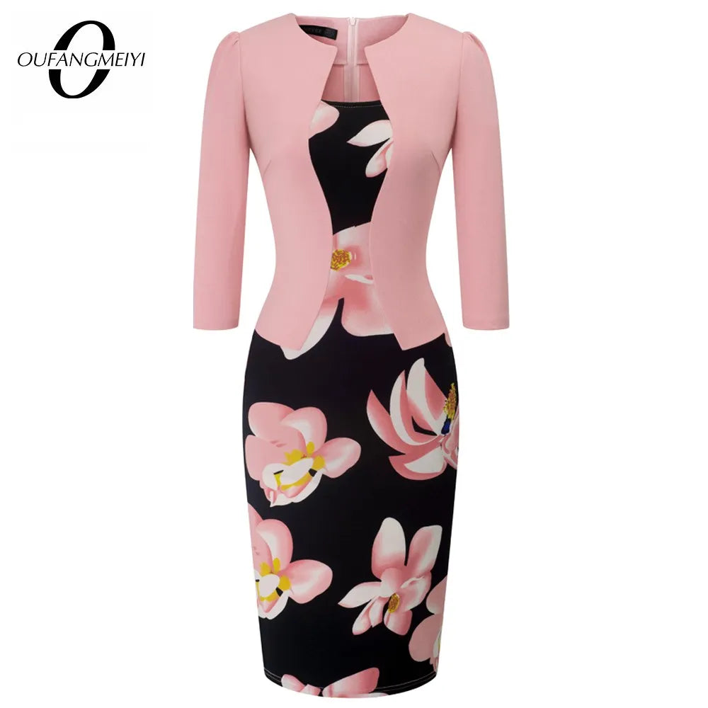 Women Autumn Elegant One-piece Formal Business Floral Printed Vintage Lady Work Office Bodycon Pencil Dress EB237