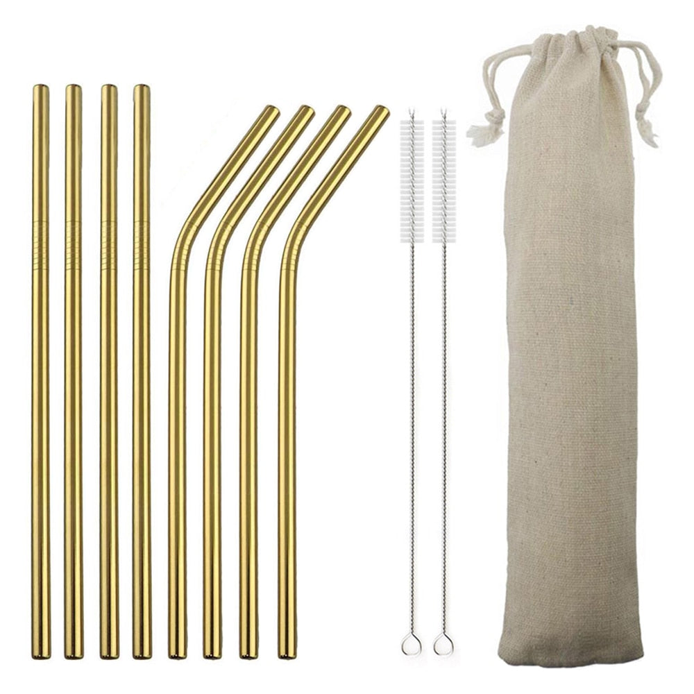 Metal Drinking Straw 304 Stainless Steel Colorful Straws Reusable Bent Straight Straw Set With Cleaner Brush Bar Party Accessory - Quid Mart