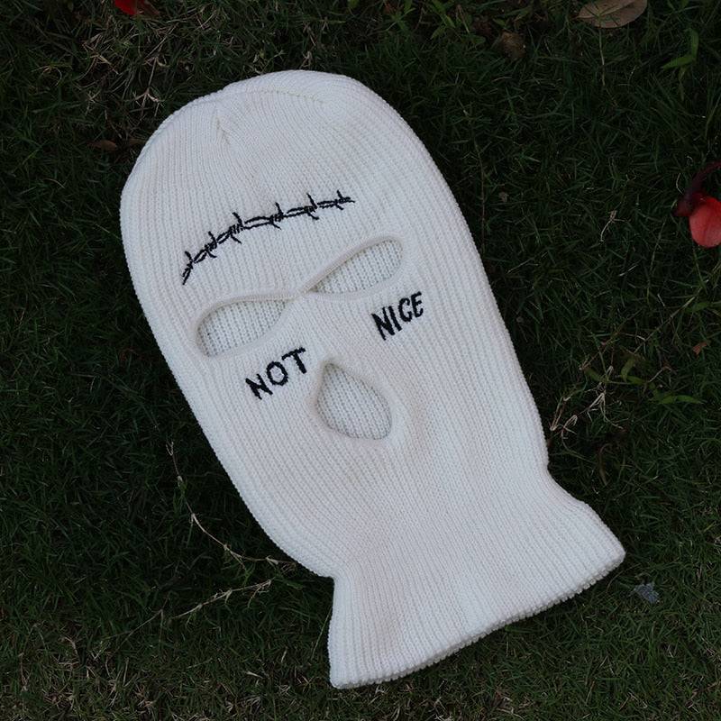 NOT NICE Embroidery Three-hole Balaclava Knit Hat Army Tactical CS Winter Ski Riding Mask Beanie Prom Party Mask Warm Mask - Quid Mart