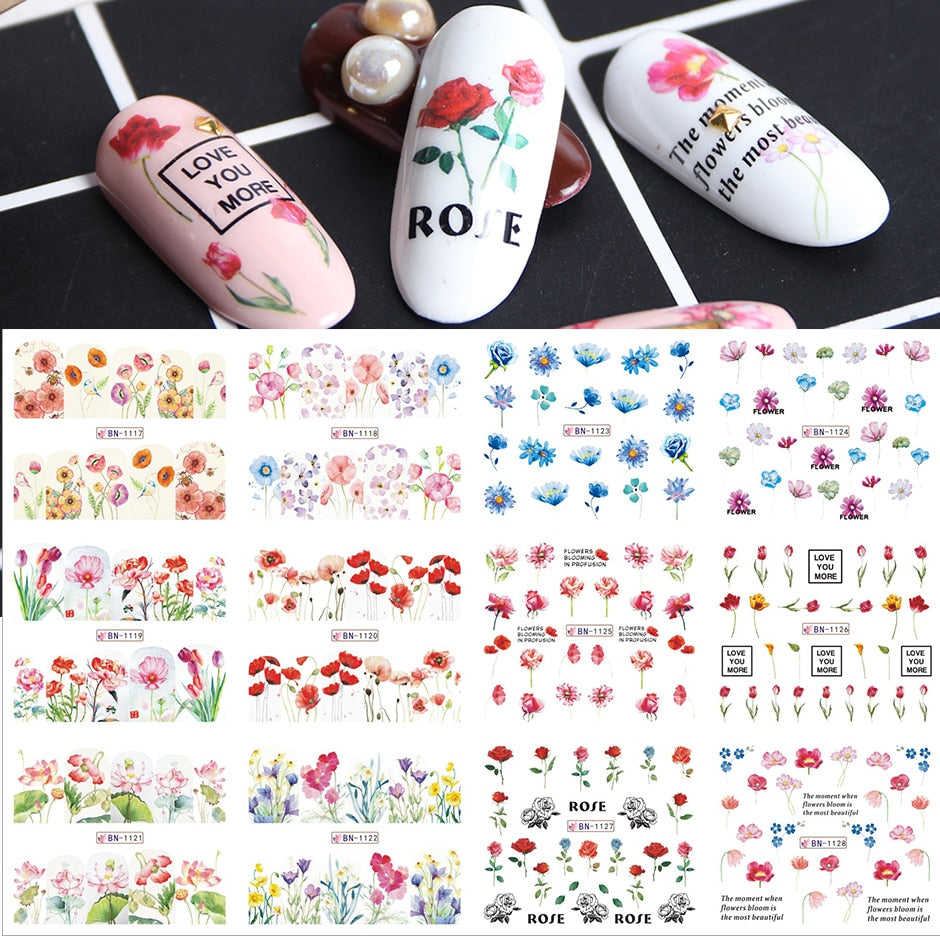 12pcs Valentines Manicure Love Letter Flower Sliders for Nails Inscriptions Nail Art Decoration Water Sticker Tips GLBN1489-1500 - Quid Mart