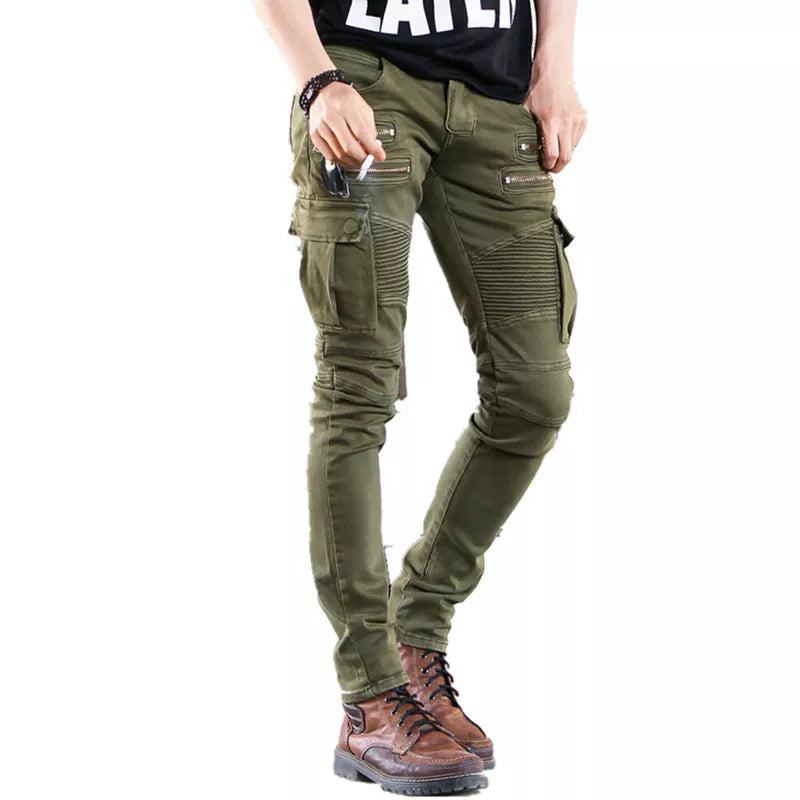 Green Black Denim Biker jeans Men Skinny new Runway Distressed slim elastic homme hip hop Military motorcycle cargo pants