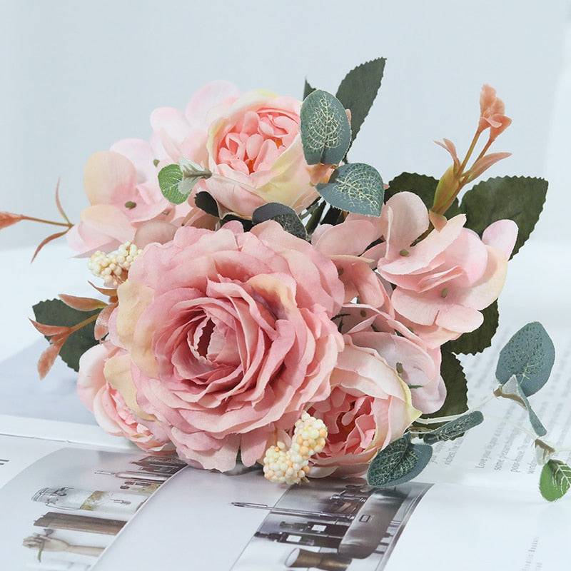 Beautiful Hydrangea Roses Artificial Flowers for Home Wedding Decorations High Quality Autumn Bouquet Mousse Peony Fake Flower - Quid Mart