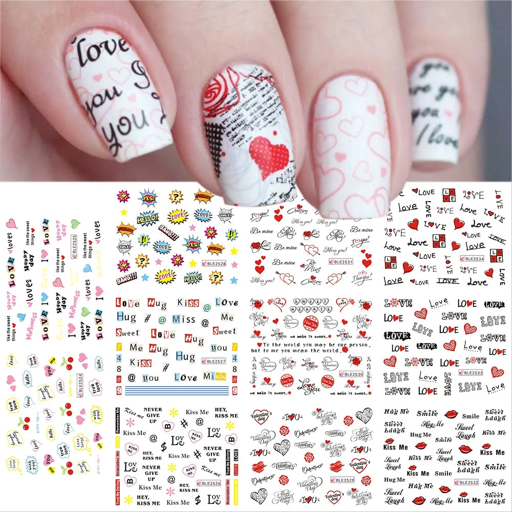 12pcs Valentines Manicure Love Letter Flower Sliders for Nails Inscriptions Nail Art Decoration Water Sticker Tips GLBN1489-1500 - Quid Mart