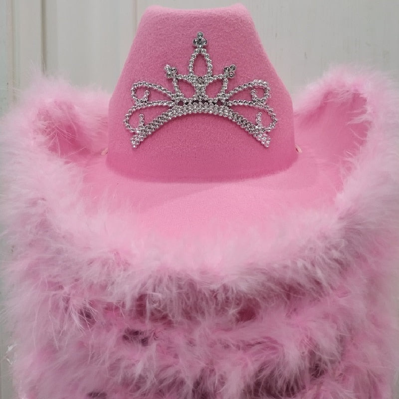 Women Wide Brim Fedora Women Girl Tiara Western Pink Cowboy Hat for Party - Quid Mart
