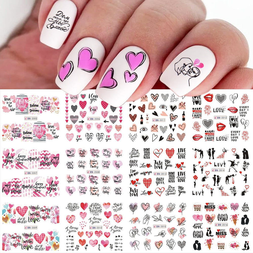 12pcs Valentines Manicure Love Letter Flower Sliders for Nails Inscriptions Nail Art Decoration Water Sticker Tips GLBN1489-1500 - Quid Mart