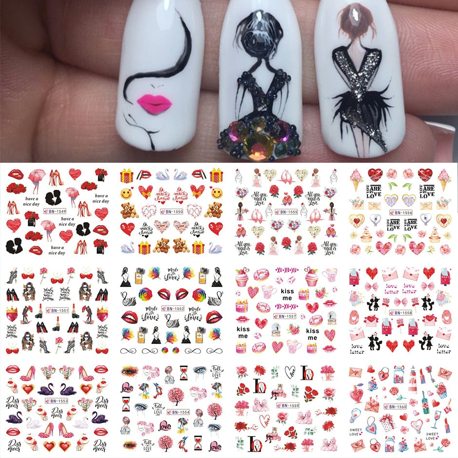 12pcs Valentines Manicure Love Letter Flower Sliders for Nails Inscriptions Nail Art Decoration Water Sticker Tips GLBN1489-1500 - Quid Mart