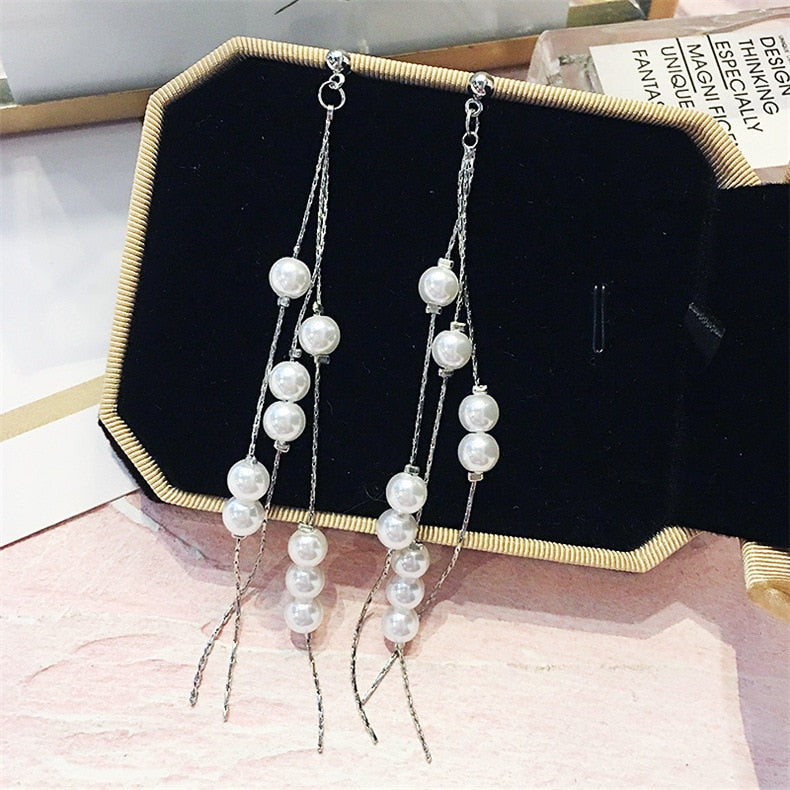 2022 Korean Earings Crystal Pearl Tassel Earrings Geometric Pendant Bride Wedding Jewelry Gift Earrings For Women - Quid Mart