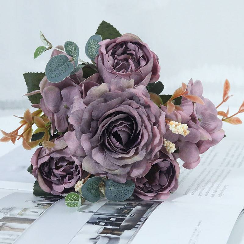 Beautiful Hydrangea Roses Artificial Flowers for Home Wedding Decorations High Quality Autumn Bouquet Mousse Peony Fake Flower - Quid Mart