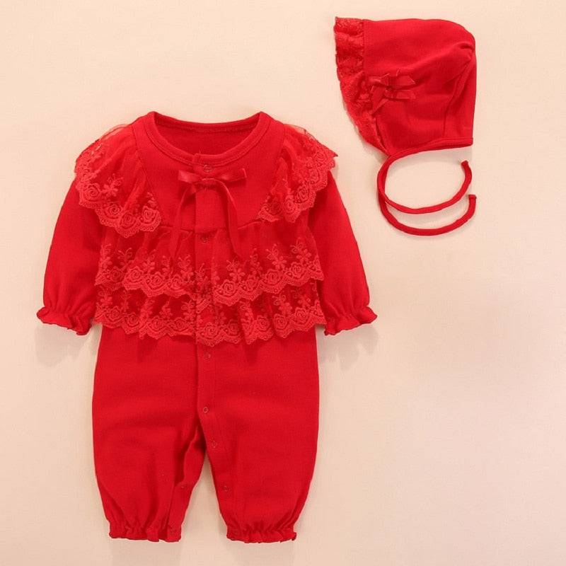 Newborn Baby Girl Fall Cotton Lace Jumpsuit with Socks and Headband - Quid Mart