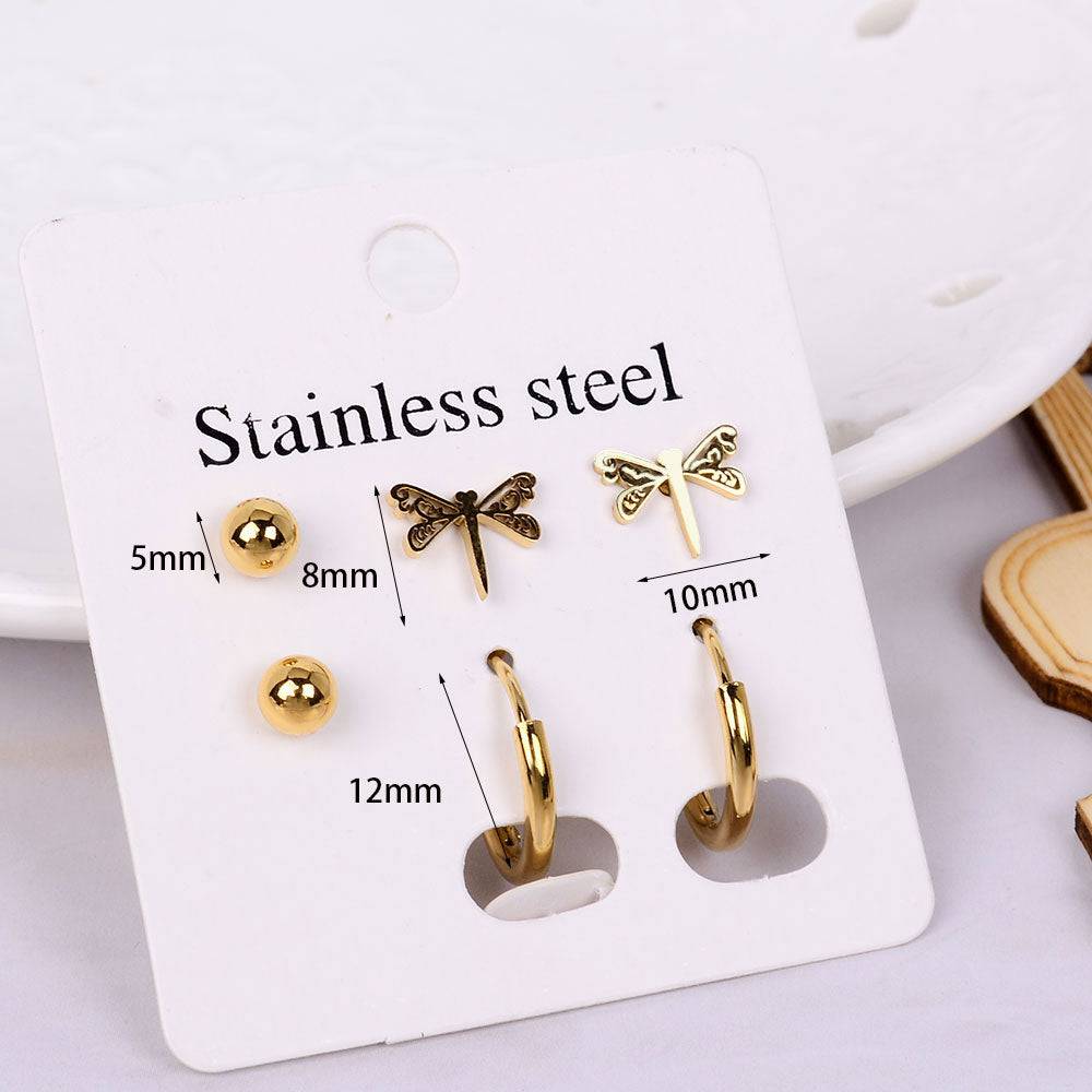 Stainless Steel Butterfly Moon Star Stud Earrings Set - Minimalist Jewelry - Quid Mart
