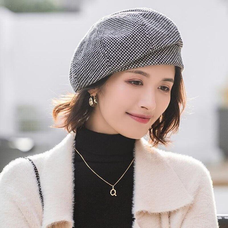 Elegant Women's Plaid Beret Hat - Winter Warm Cotton Wool Cap - Quid Mart