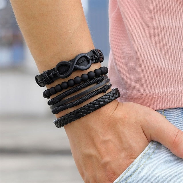 IFMIA Vintage Black Bead Bracelets For Men Fashion Hollow Triangle Leather Bracelet &amp; Bangles Multilayer Wide Wrap Jewelry 2020 - Quid Mart