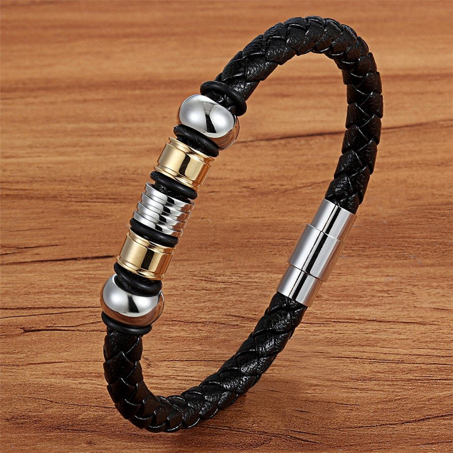 TYO Fashion Stainless Steel Charm Magnetic Black Men Bracelet Leather Genuine Braided Punk Rock Bangles Jewelry Accessories - Quid Mart