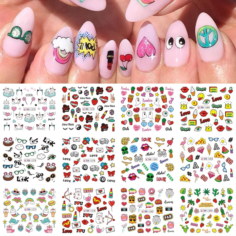 12pcs Valentines Manicure Love Letter Flower Sliders for Nails Inscriptions Nail Art Decoration Water Sticker Tips GLBN1489-1500 - Quid Mart