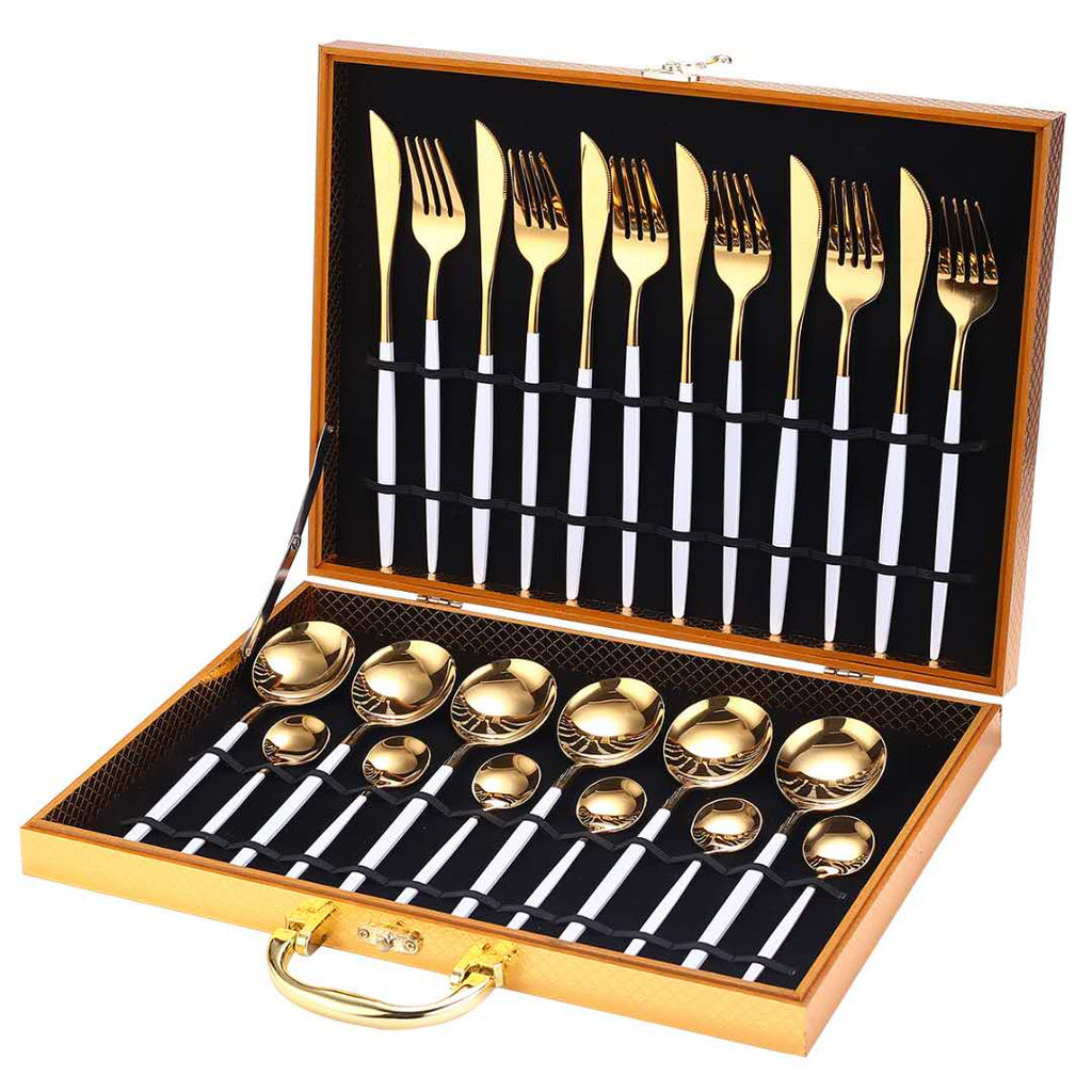 24pcs Gold Dinnerware Set Stainless Steel Tableware Set Knife Fork Spoon Luxury Cutlery Set Gift Box Flatware Dishwasher Safe - Quid Mart