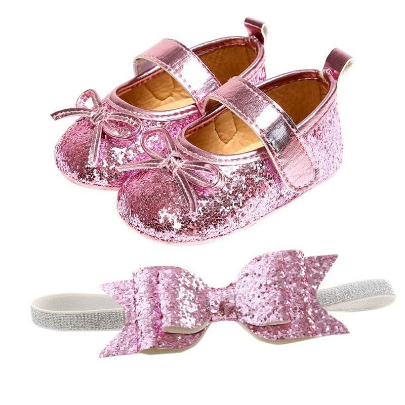 Sequins Baby Shoes: Leather Toddler First Walkers and Headband - Quid Mart
