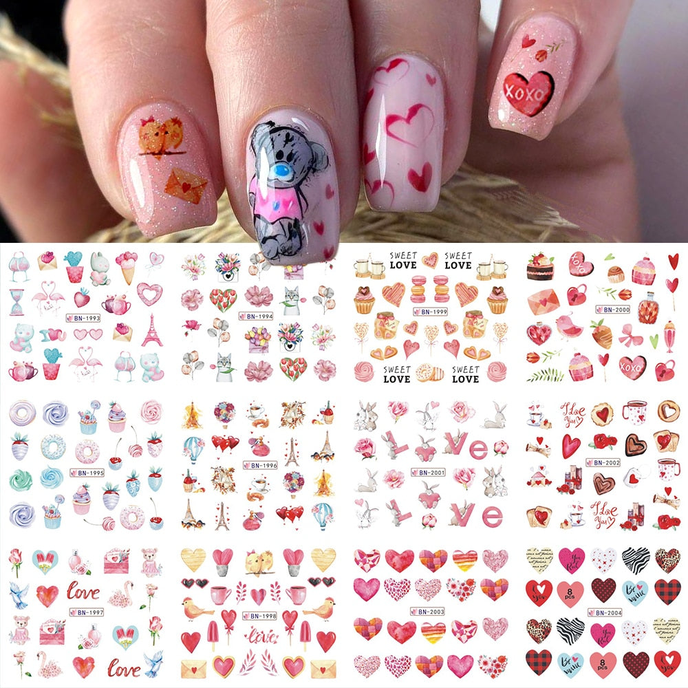 12pcs Valentines Manicure Love Letter Flower Sliders for Nails Inscriptions Nail Art Decoration Water Sticker Tips GLBN1489-1500 - Quid Mart