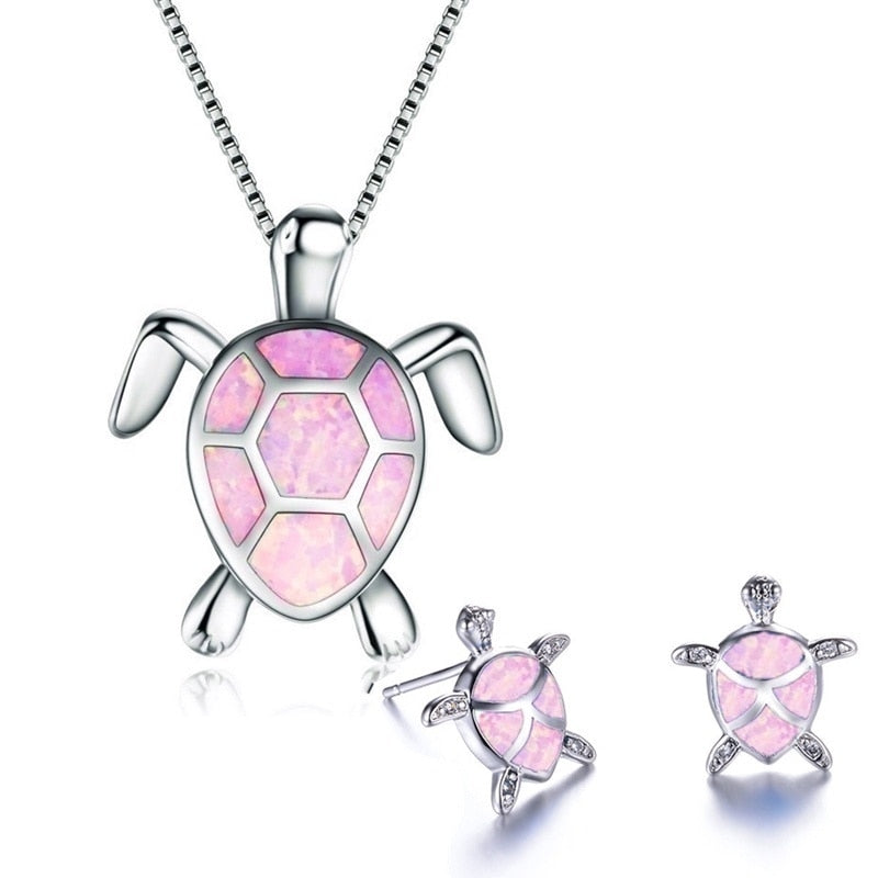 Classic Cute Sea Turtle Necklace Earrings jewelry set Trendy Animal Fire Opal Stud Earring for girl women best gift - Quid Mart