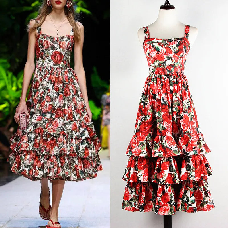 High Quality 2022 Summer New Fashion Red Rose Print Lotus Leaf Side Cascading Cake Type Sexy Harness Beach Style Women Dress