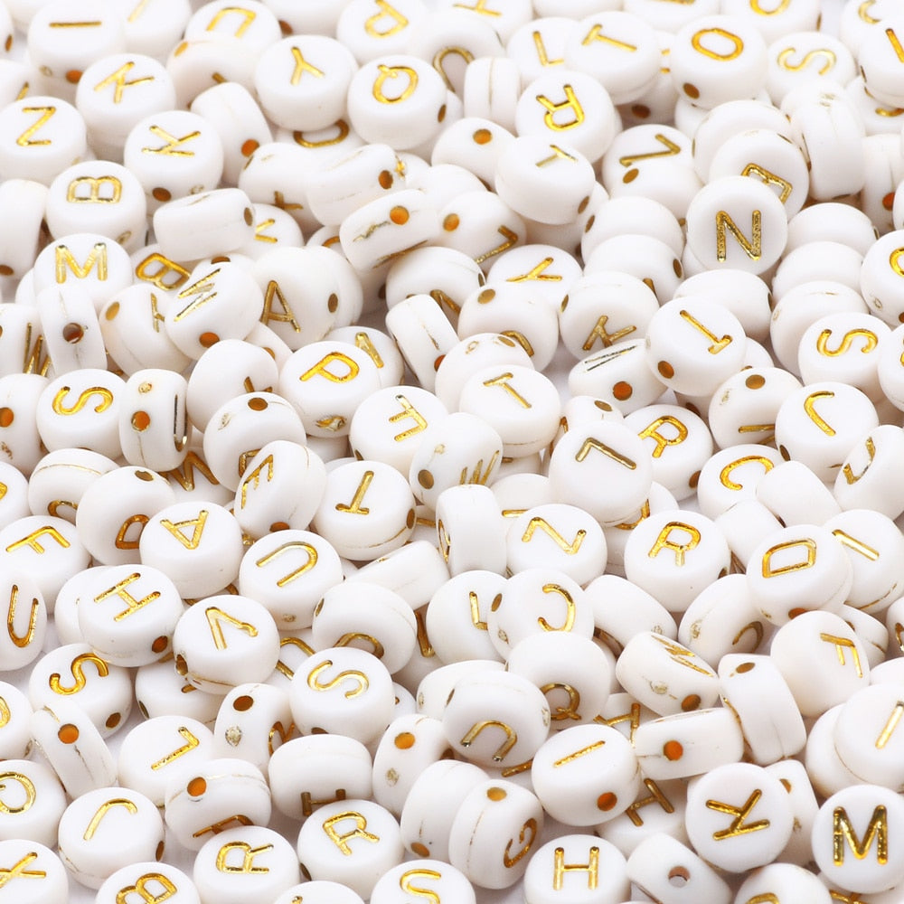 7mm White Gold Color Mix Letter Acrylic Beads Round Flat Alphabet Loose Beads For Jewelry Making Handmade Diy Bracelet Necklace - Quid Mart