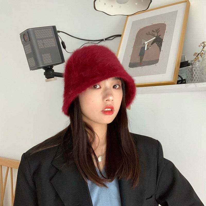 2020 Hat winter women's fashion Solid color rabbit fur hat bucket cap  fisherman's hat retro knitted wool basin Bucket Hat - Quid Mart