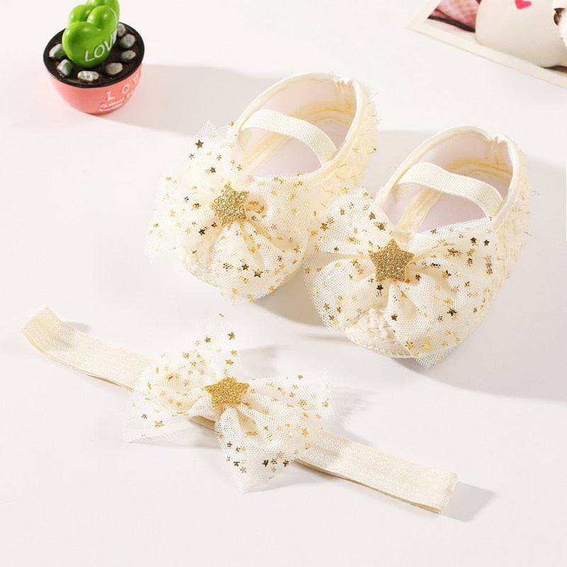 Sequins Baby Shoes: Leather Toddler First Walkers and Headband - Quid Mart