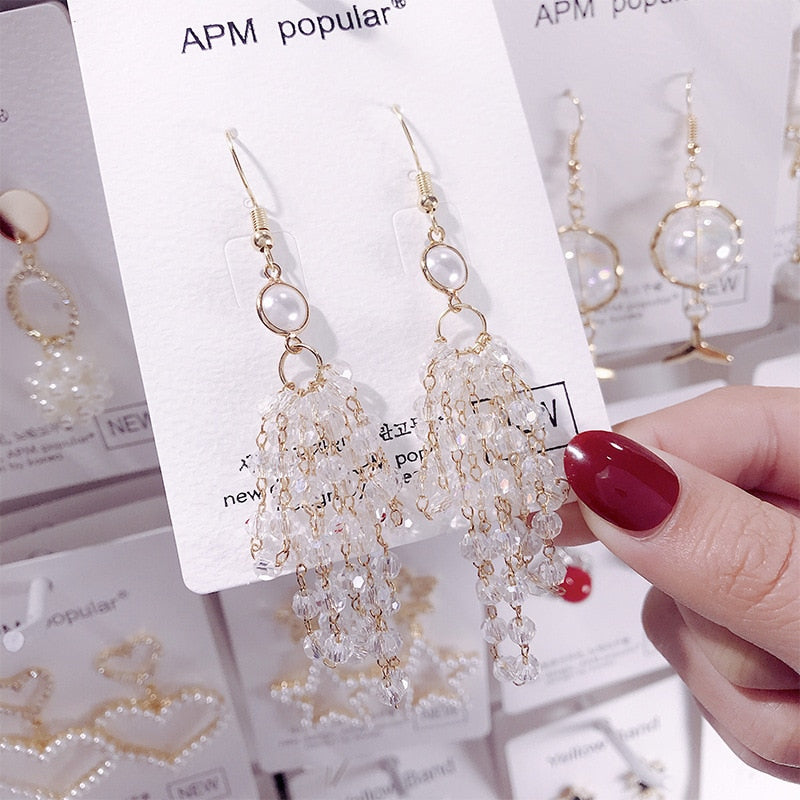 2022 Korean Earings Crystal Pearl Tassel Earrings Geometric Pendant Bride Wedding Jewelry Gift Earrings For Women - Quid Mart